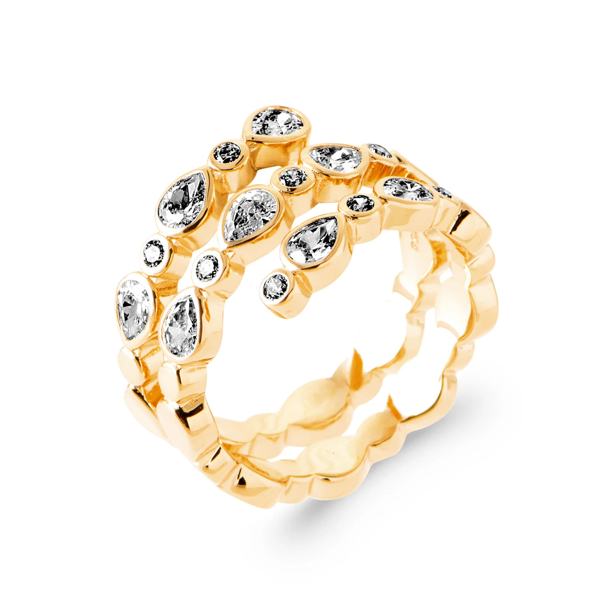 Bague spirale trois rangs festonnés de zircons en plaqué or