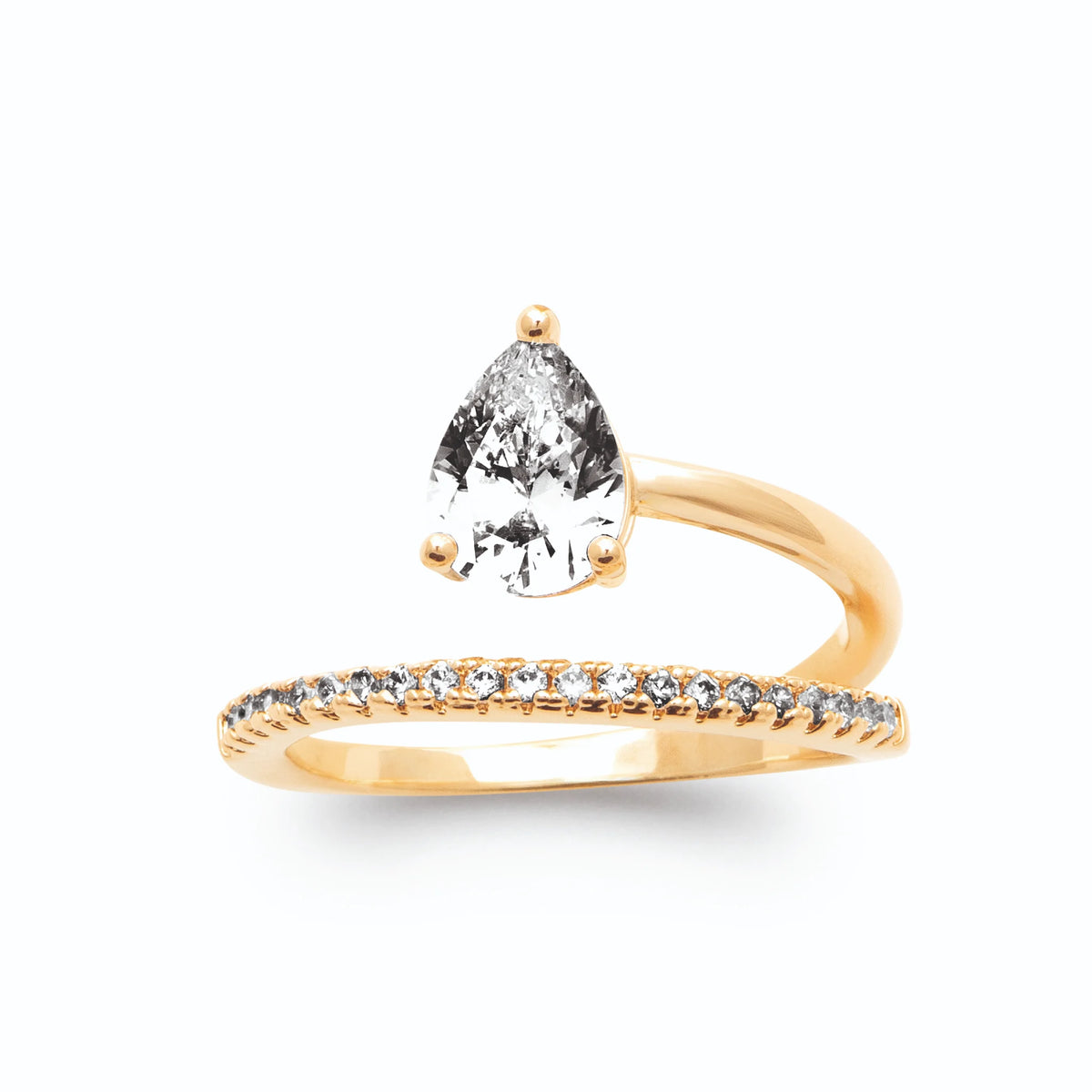 Bague spirale zircon poire et ligne pavée plaqué or, vue de face