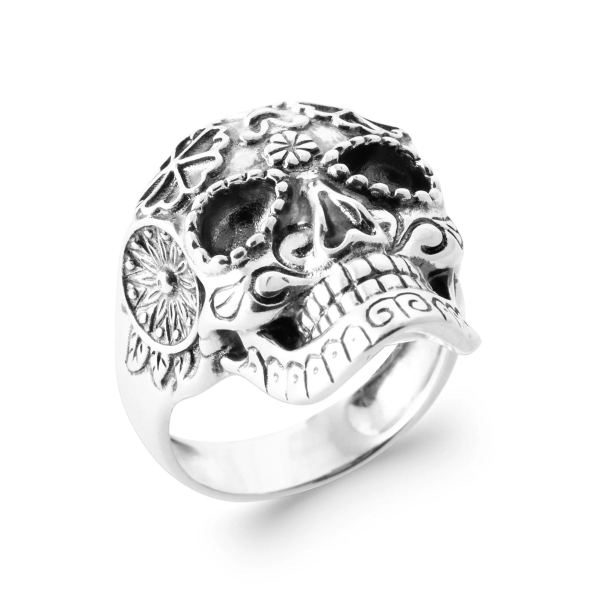Bague tête de mort ciselée en argent 925 rhodié