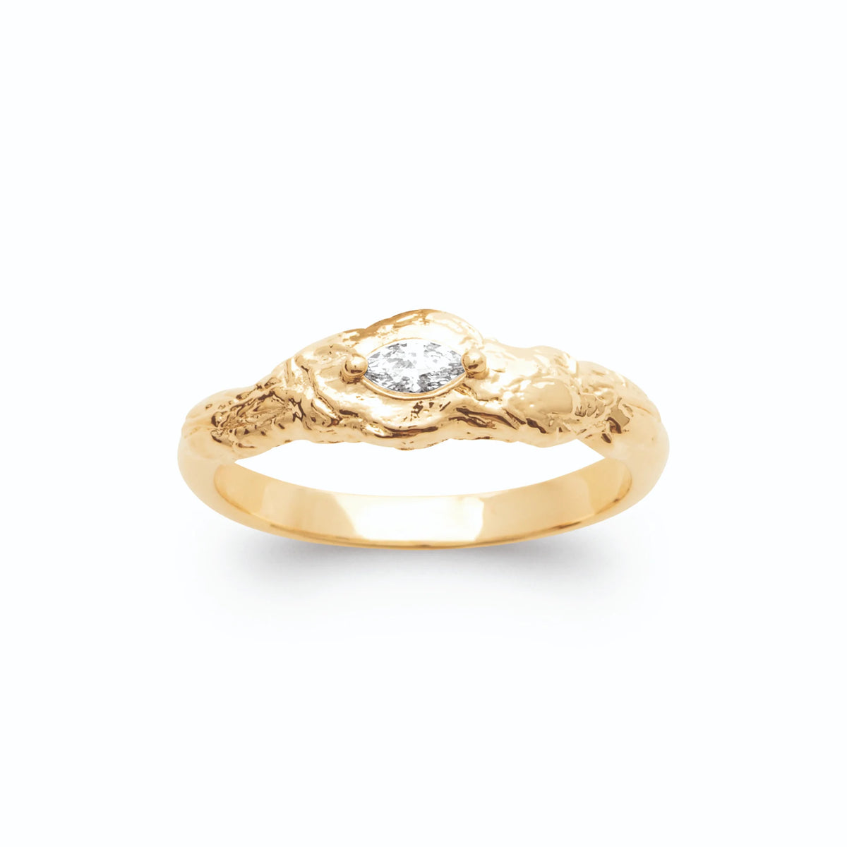 Bague texture écorce zircon navette plaqué or, vue de face