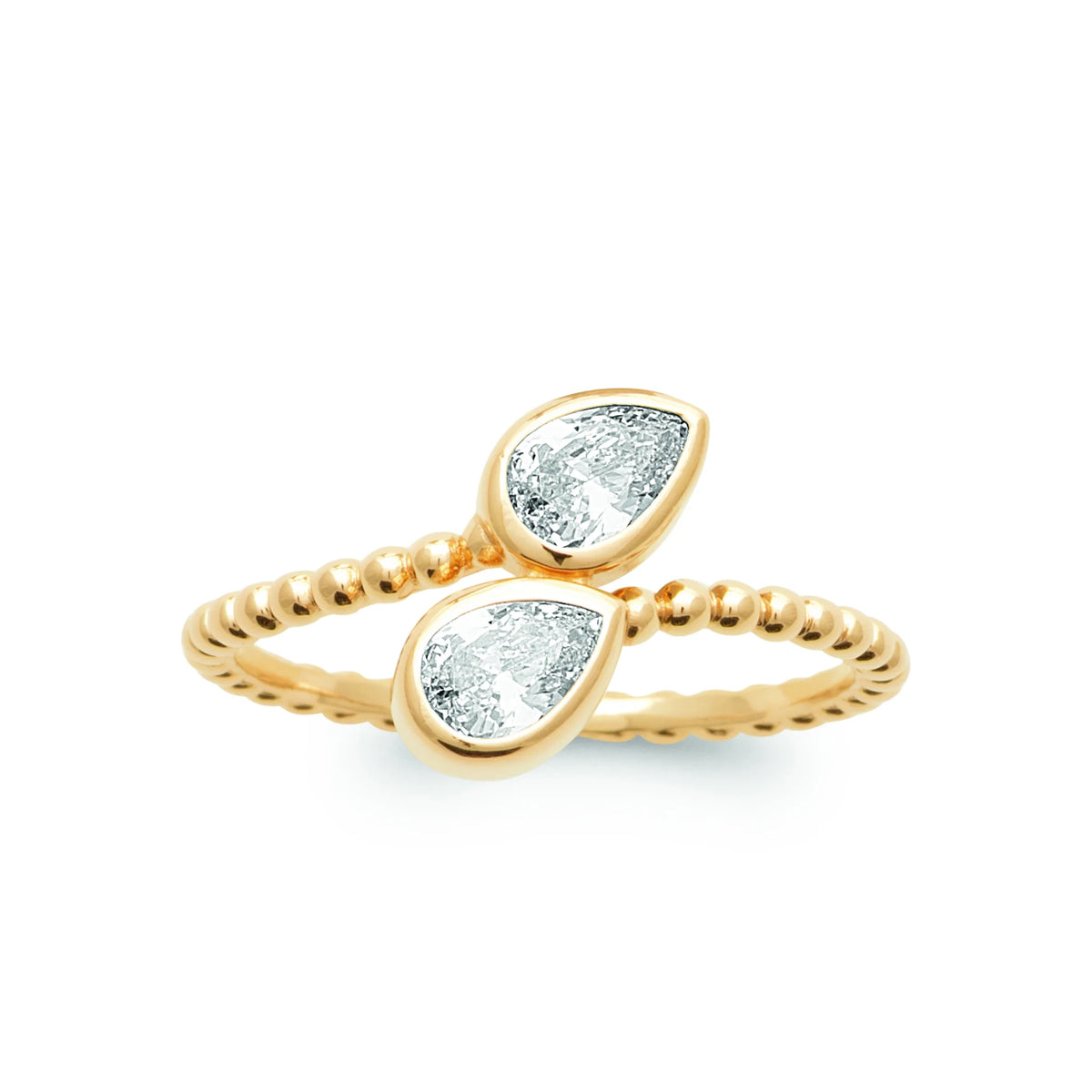Bague toi et moi anneau perlé deux zircons poires plaqué or, vue de face