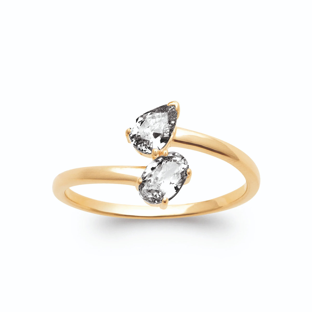 Bague toi et moi croisée zircon poire et zircon ovale en plaqué or
