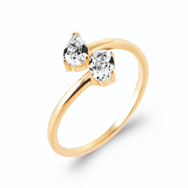 Bague toi et moi croisée zircon poire et zircon ovale en plaqué or