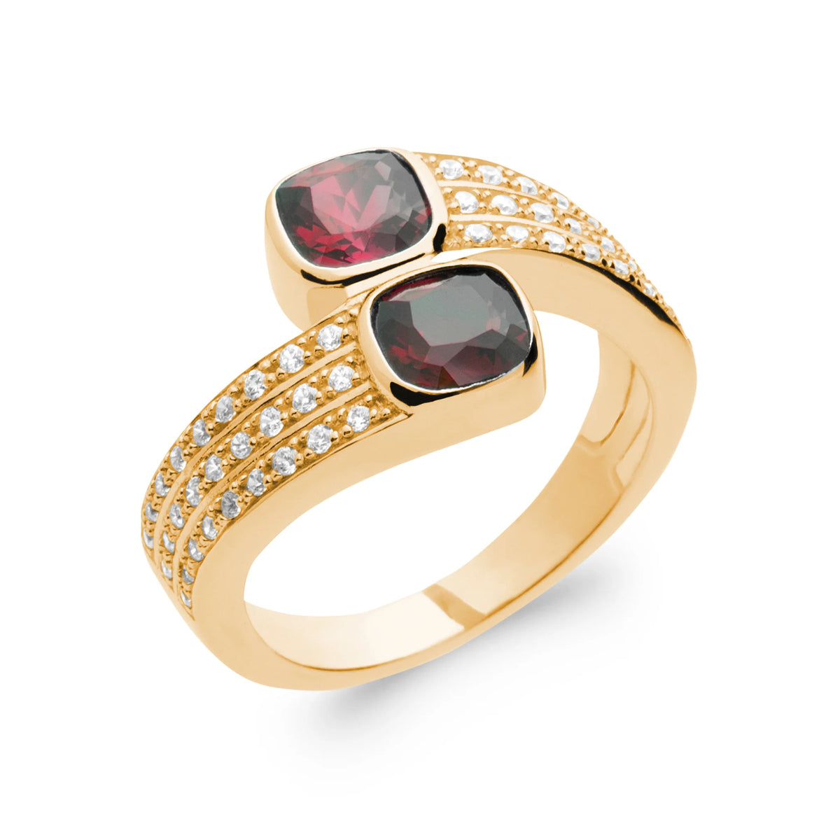 Bague toi et moi deux pierres coussin rouge profond et anneaux pavés croisés en plaqué or