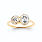 Bague toi et moi deux médaillons halo zircon et pierre bleu ciel en plaqué or