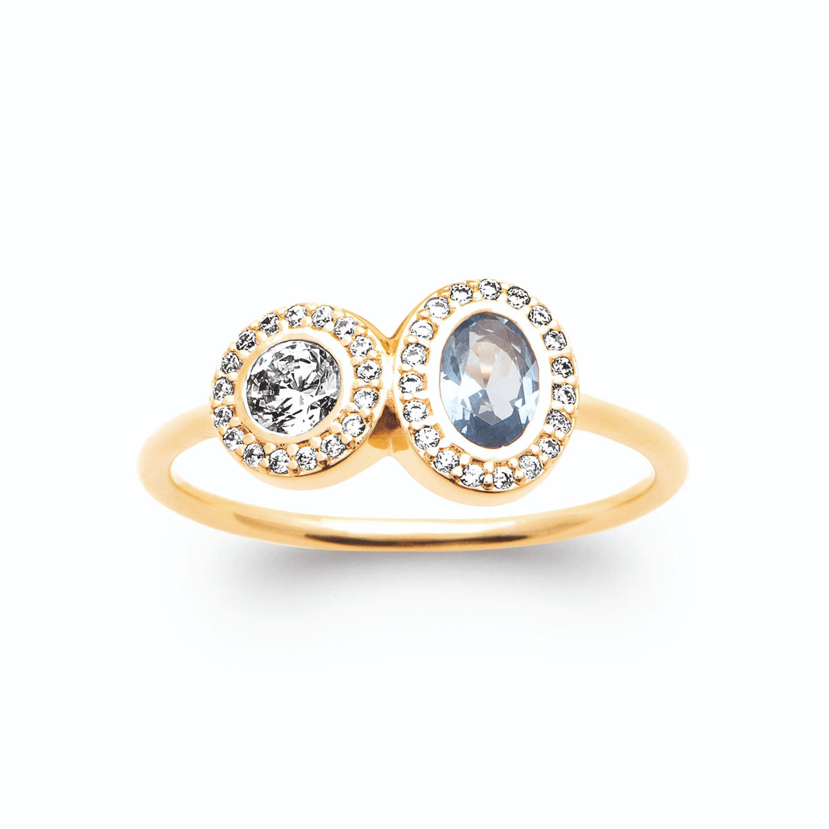 Bague toi et moi deux médaillons halo zircon et pierre bleu ciel en plaqué or