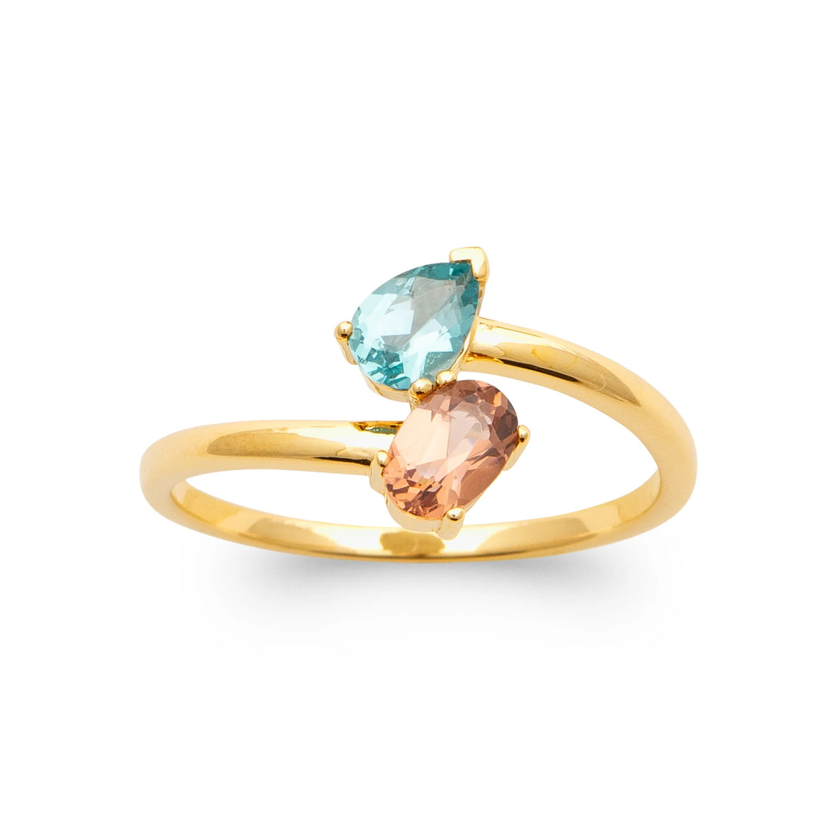 Bague toi et moi pierres bleu lagon et cognac en plaqué or