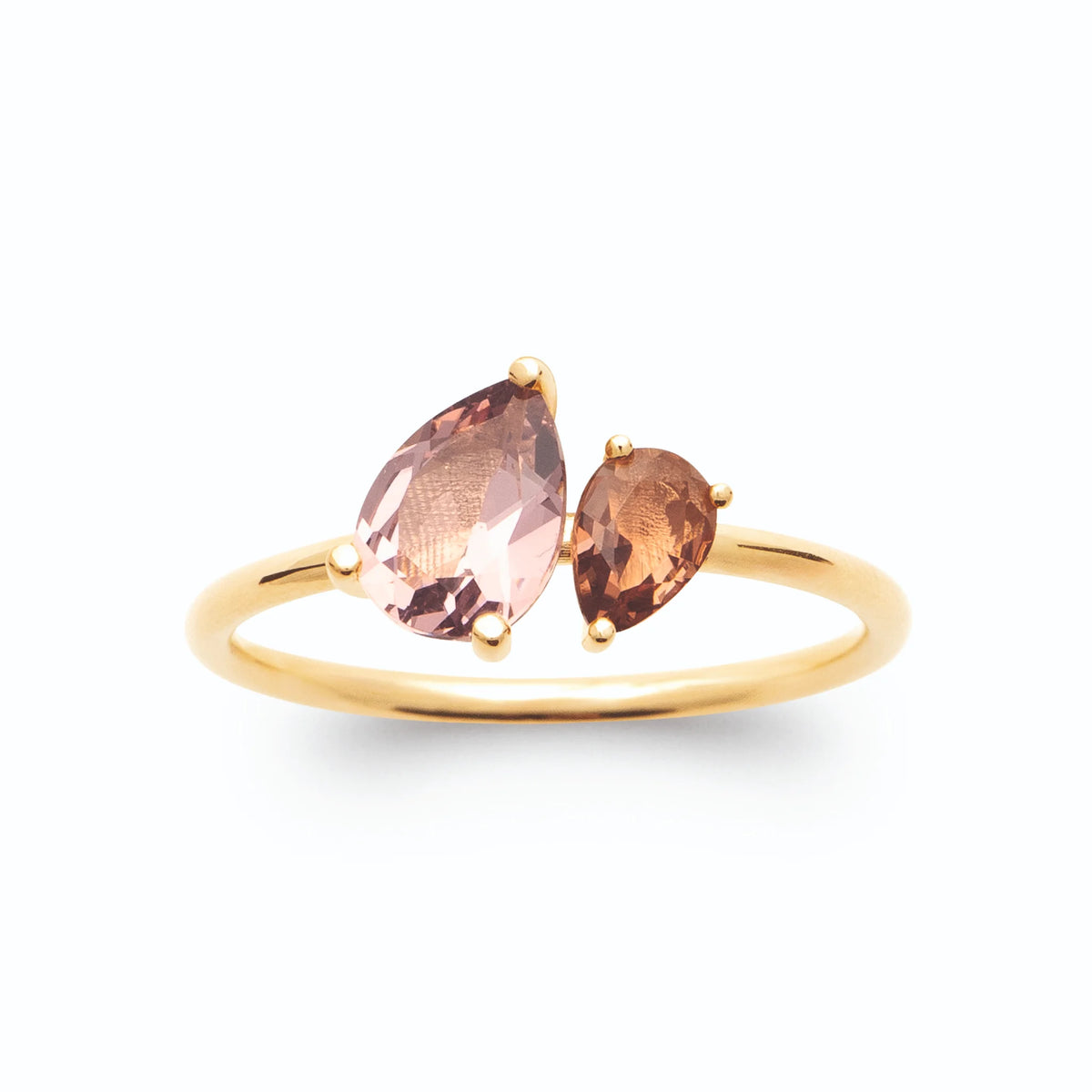 Bague toi et moi pierre poire mauve et pierre ronde cognac en plaqué or