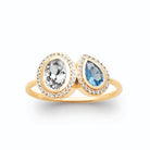 Bague toi et moi zircon ovale et pierre poire bleue en halos en plaqué or