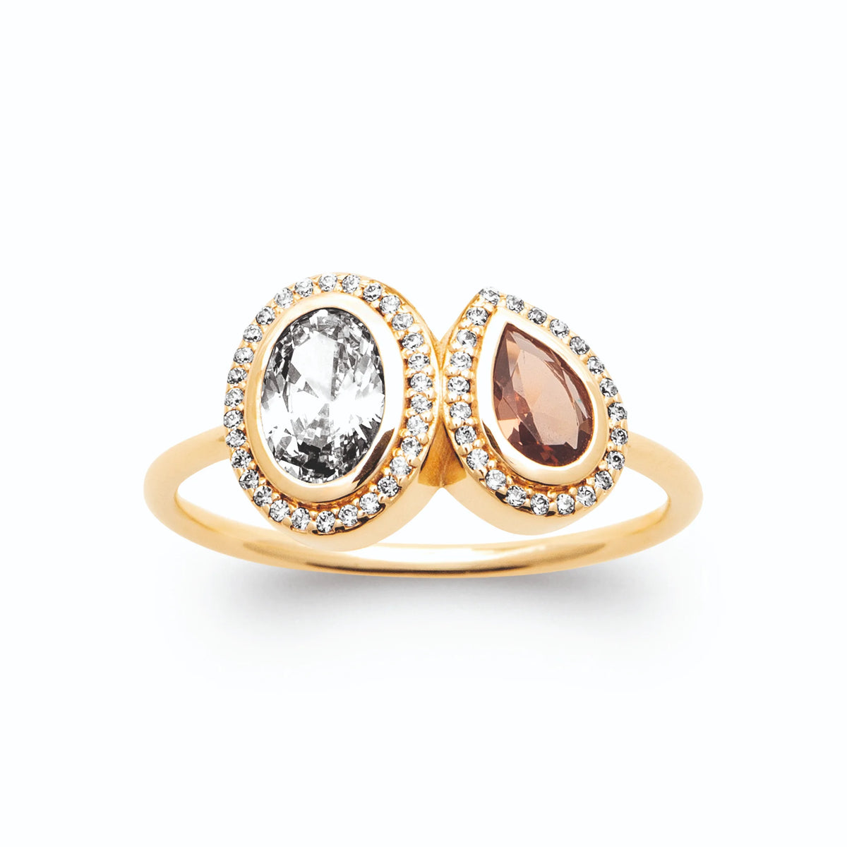Bague toi et moi zircon ovale et pierre poire cognac en halos en plaqué or