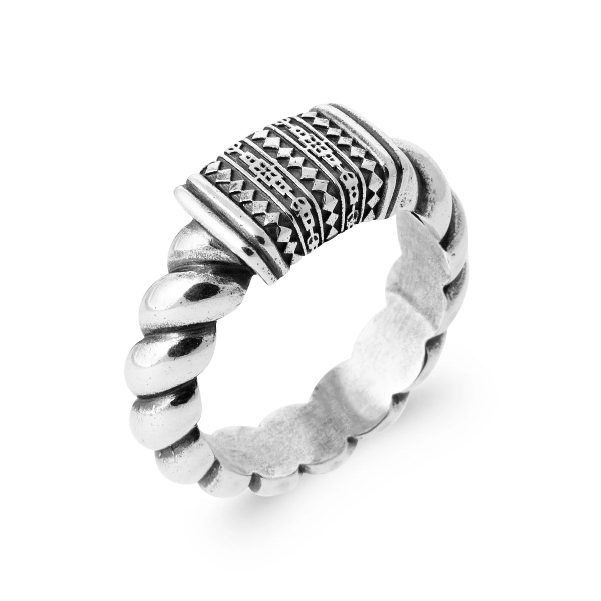 Bague torsadée à plateau gravé en argent 925 homme