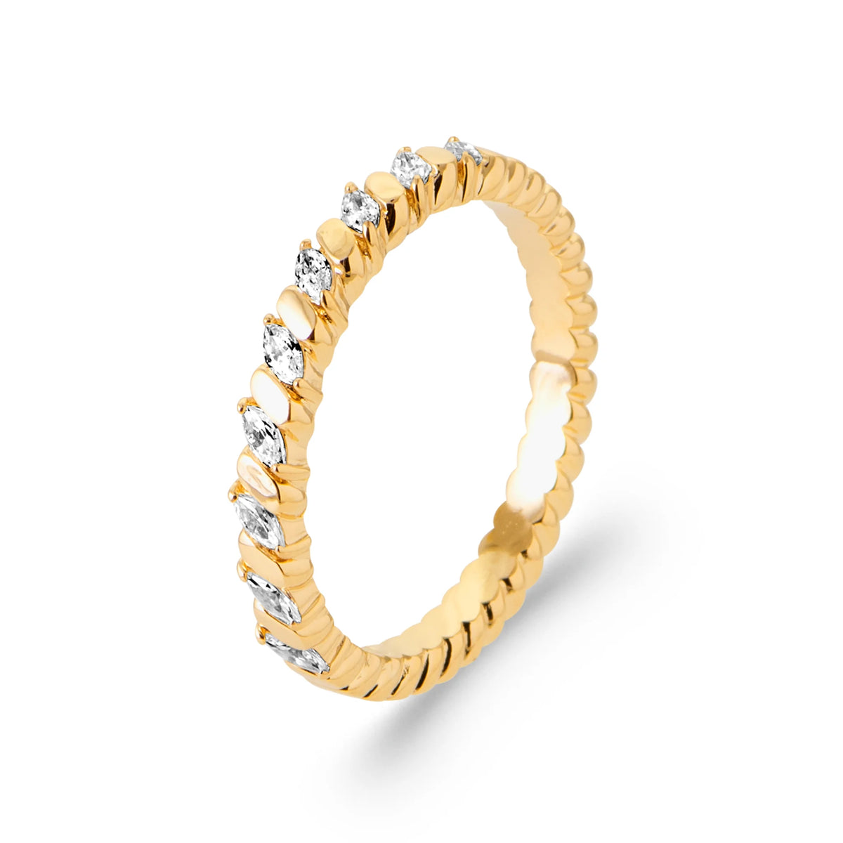 Bague torsadée navettes de zircons en plaqué or, vue de trois quarts