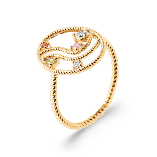 Bague torsadée vagues et pierres multicolores en plaqué or, vue de trois quarts