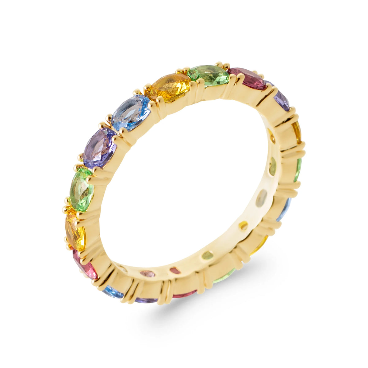 Bague tour complet de pierres baguettes multicolores arc-en-ciel en plaqué or