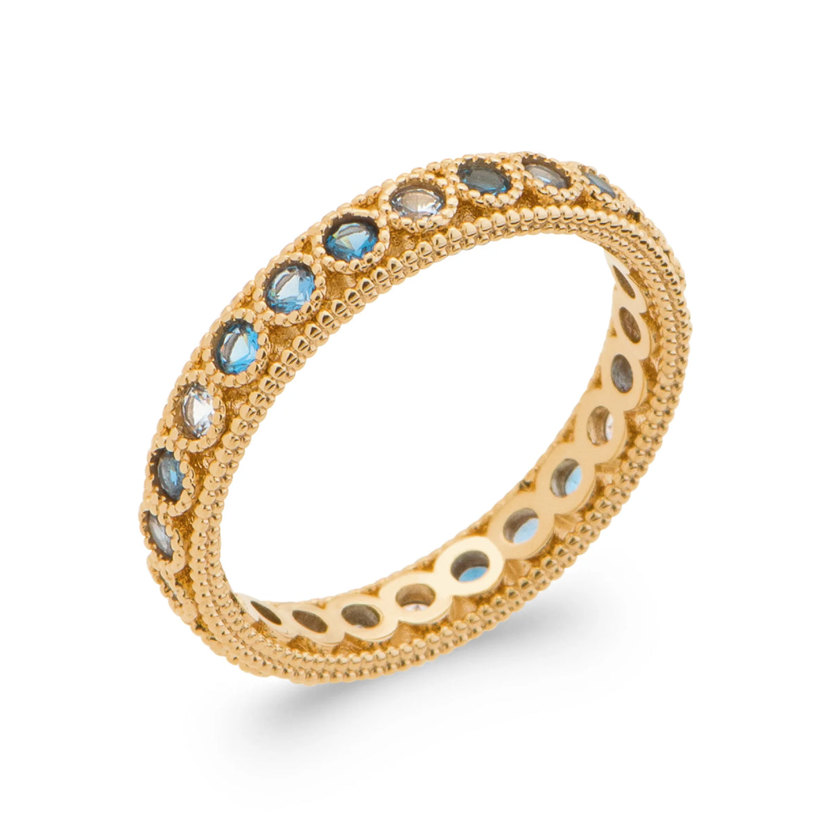 Bague sertie tout autour de pierres camaïeu de bleus perlées en plaqué or