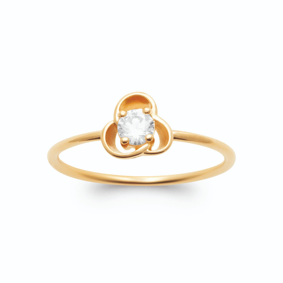 Bague trèfle d’or et zircon rond central plaqué or, vue de face