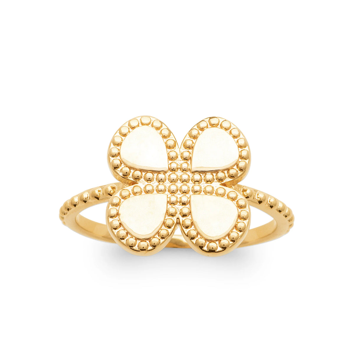 Bague trèfle à quatre feuilles poli bordé de grains d’or en plaqué or