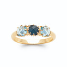 Bague trilogie pierre bleu nuit et deux pierres bleu ciel plaqué or, vue de face