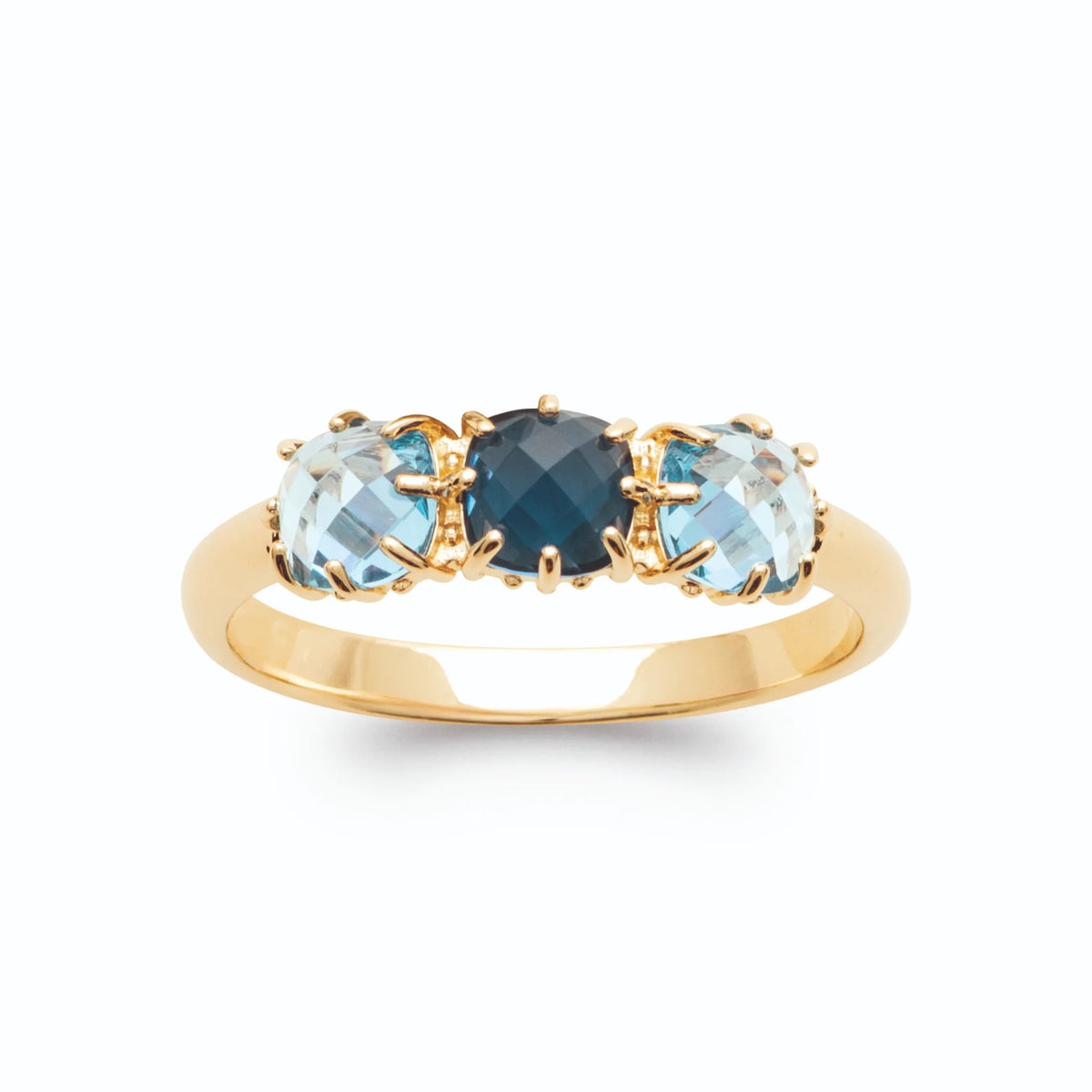 Bague trilogie pierre bleu nuit et deux pierres bleu ciel plaqué or, vue de face