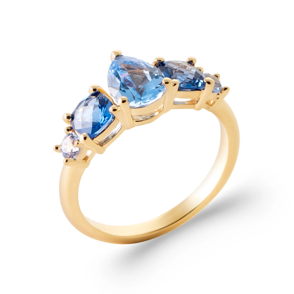 Bague trilogie de pierres poires bleu ciel et bleu profond en plaqué or