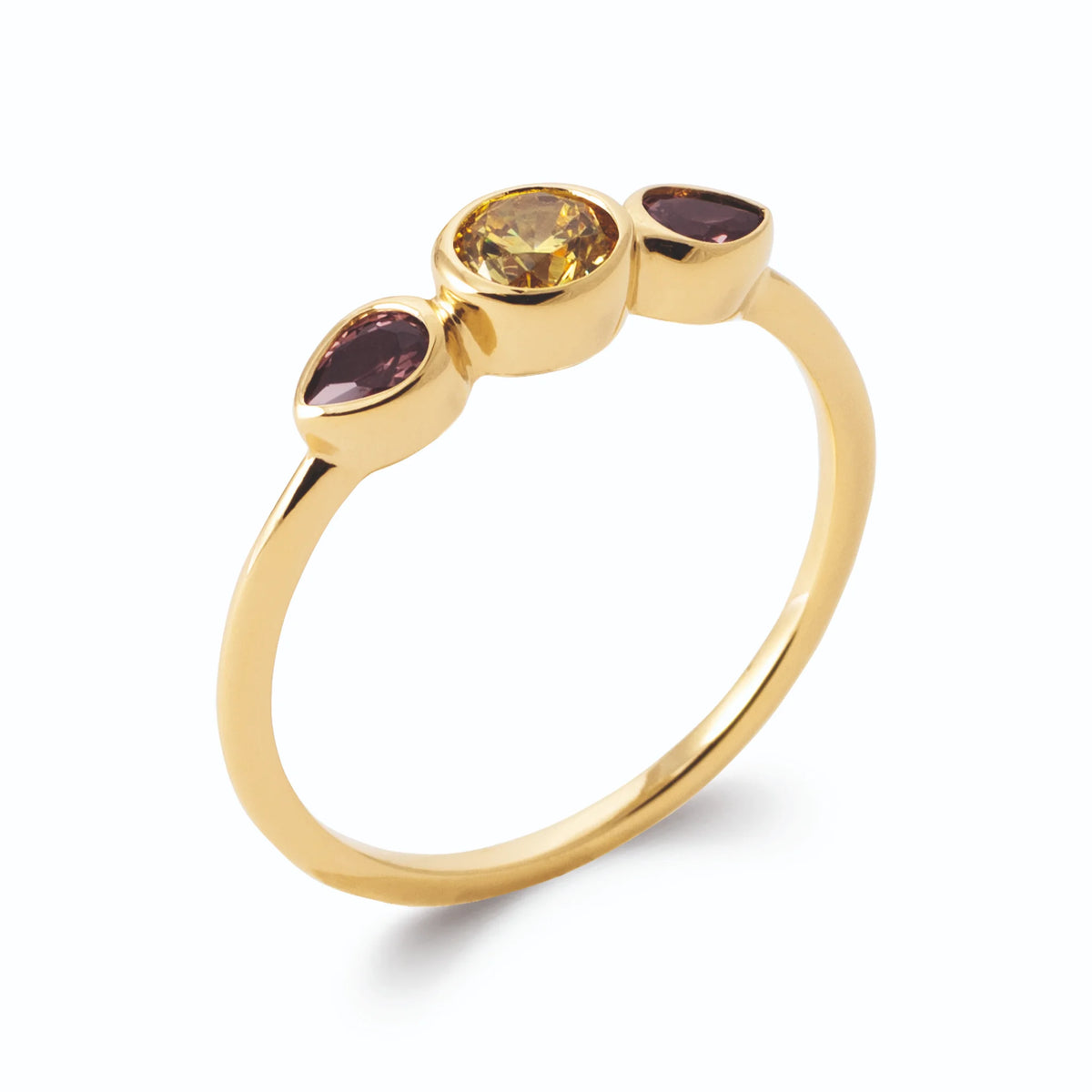 Bague trio de pierres champagne et poires bordeaux en plaqué or