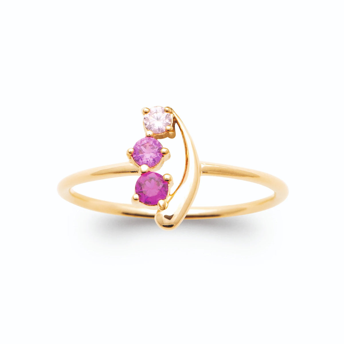 Bague trio de pierres roses en dégradé et croissant plaqué or, vue de face