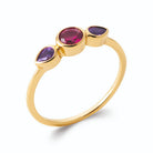 Bague trio de pierres rouge framboise et poires violettes en plaqué or