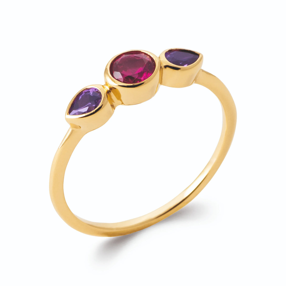 Bague trio de pierres rouge framboise et poires violettes en plaqué or