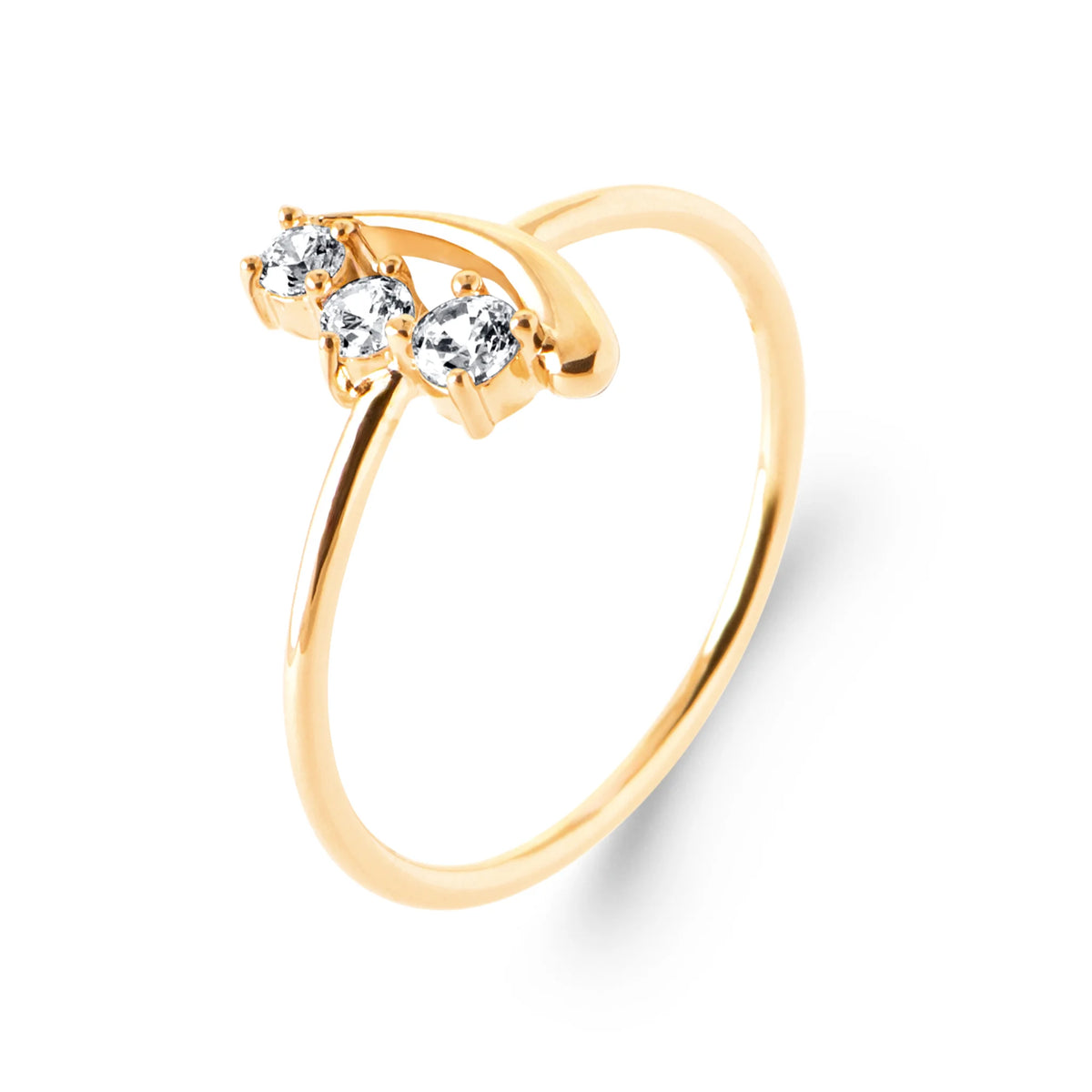 Bague trio de zircons et croissant en plaqué or, vue de trois quarts