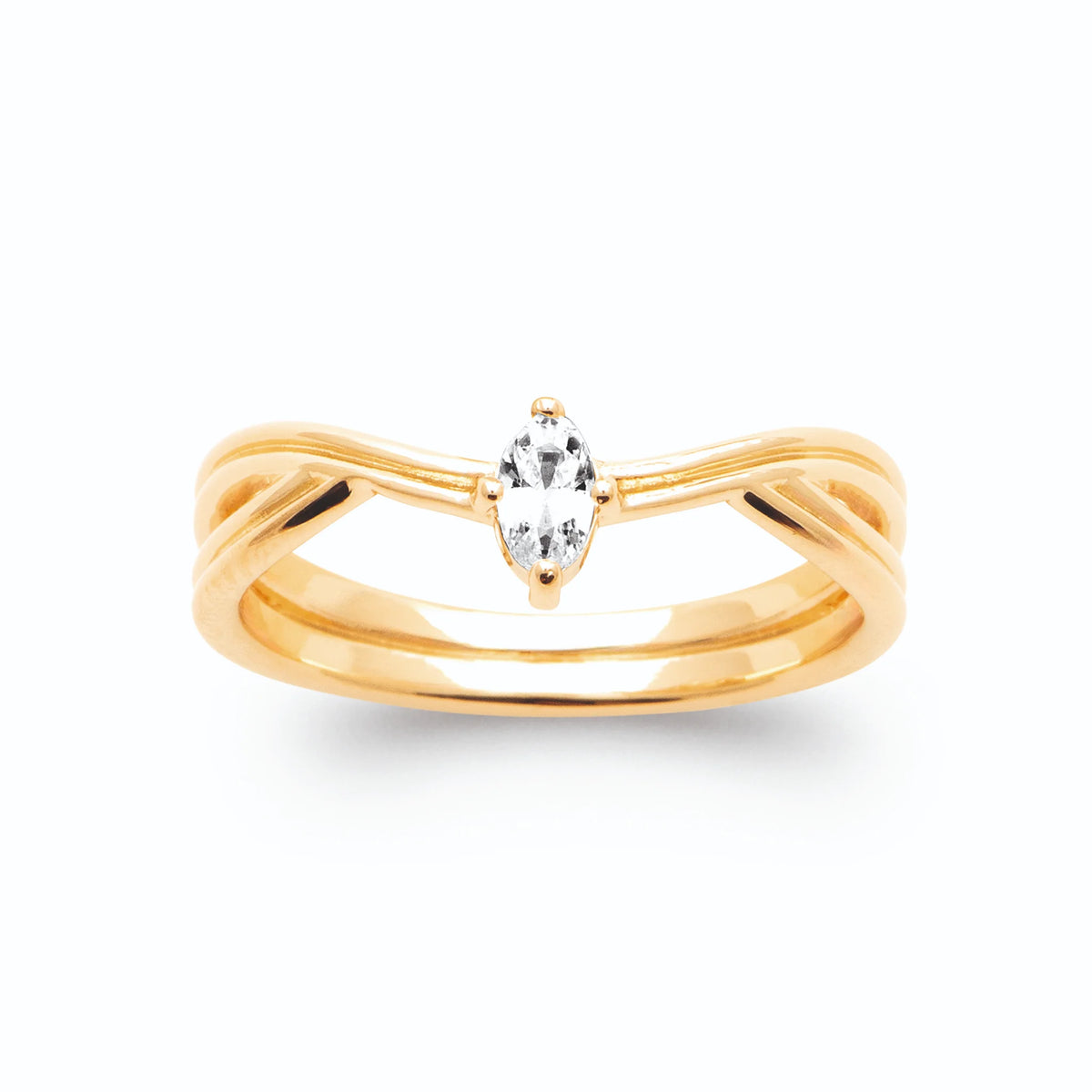 Bague triple anneau croisé zircon navette plaqué or, vue de face