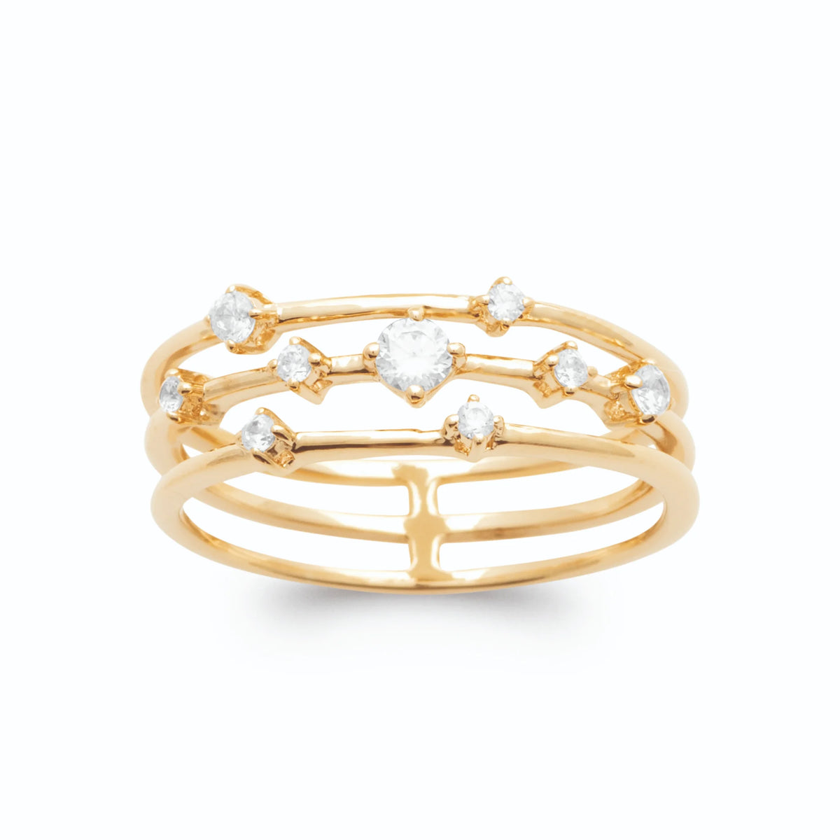 Bague trois anneaux superposés et constellation de zircons en plaqué or