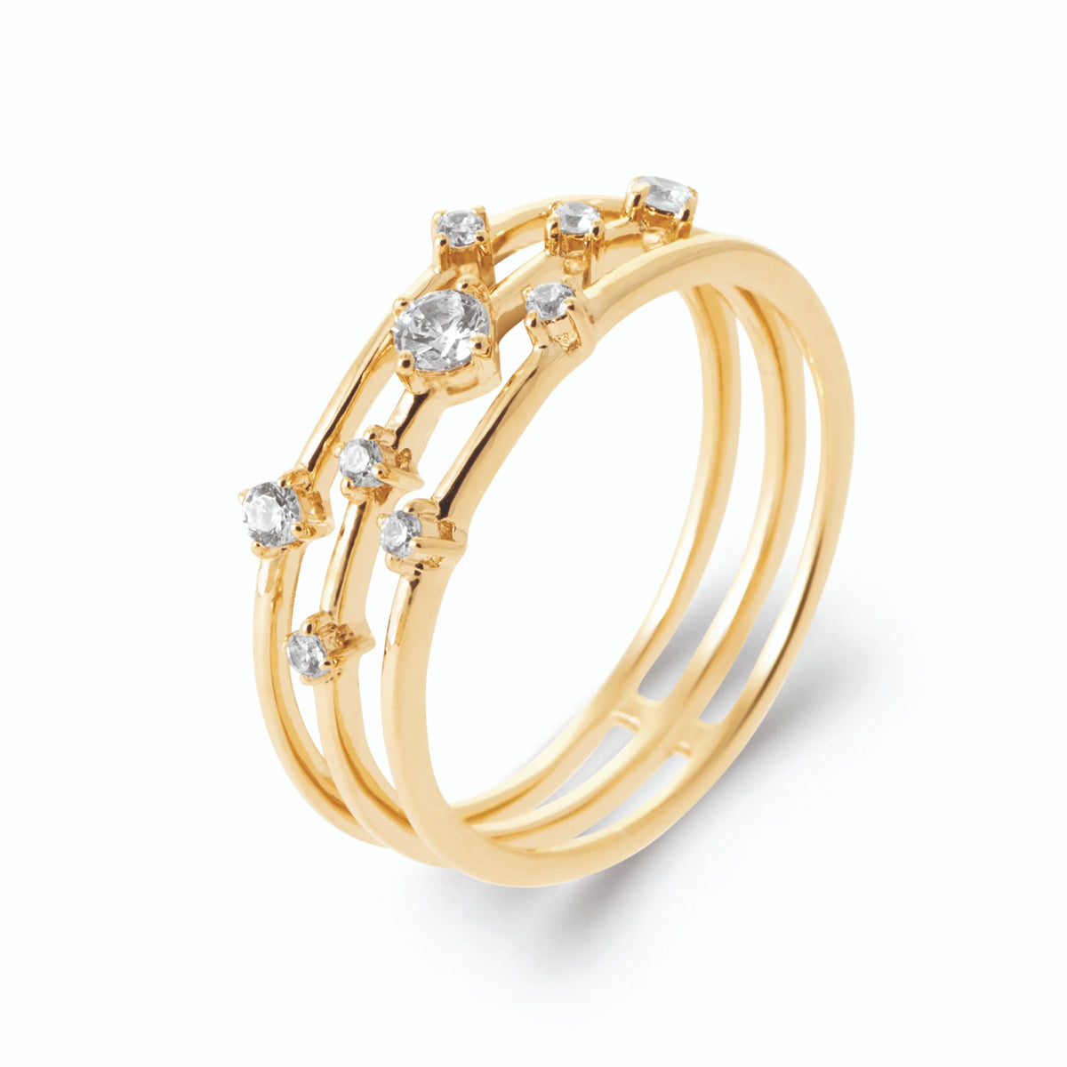 Bague trois anneaux superposés et constellation de zircons en plaqué or