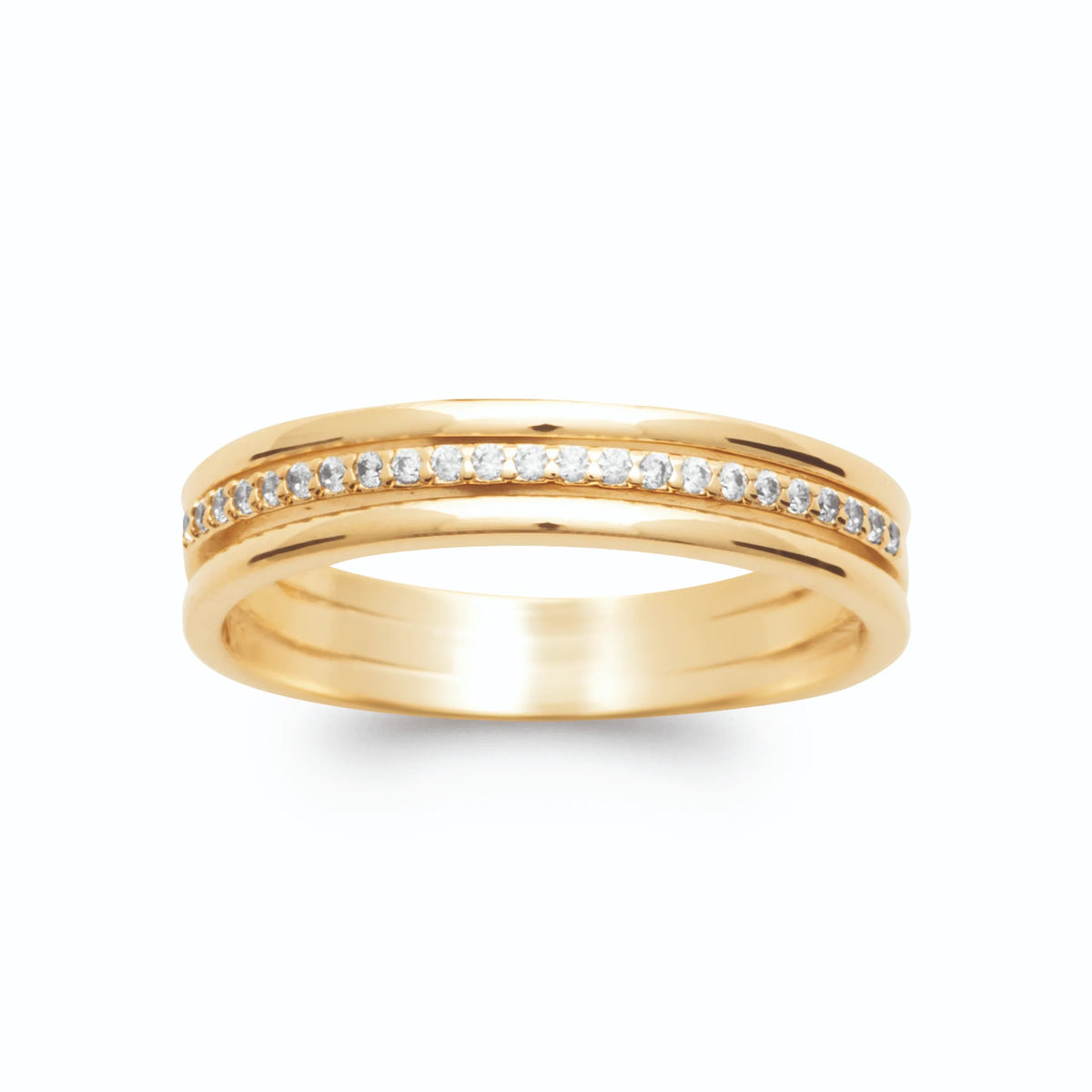 Bague trois anneaux fins superposés et rang de zircons plaqué or, vue de face