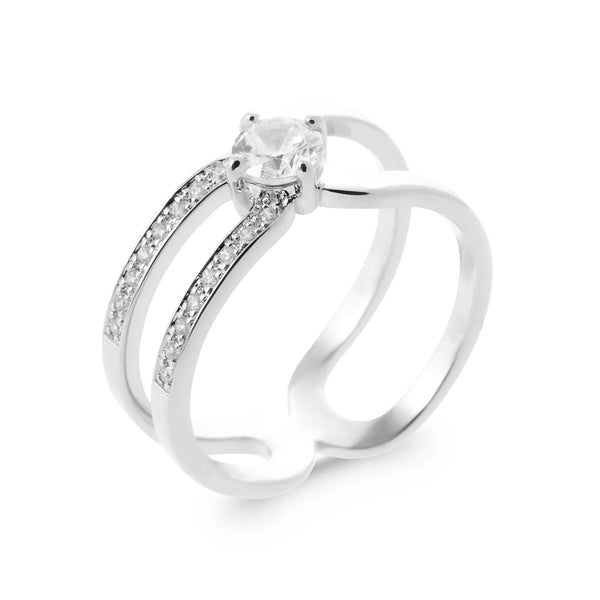 Bague trois anneaux pavés et zircon solitaire en argent 925