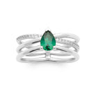 Bague trois anneaux et pierre verte taille poire en argent 925, vue de dessus