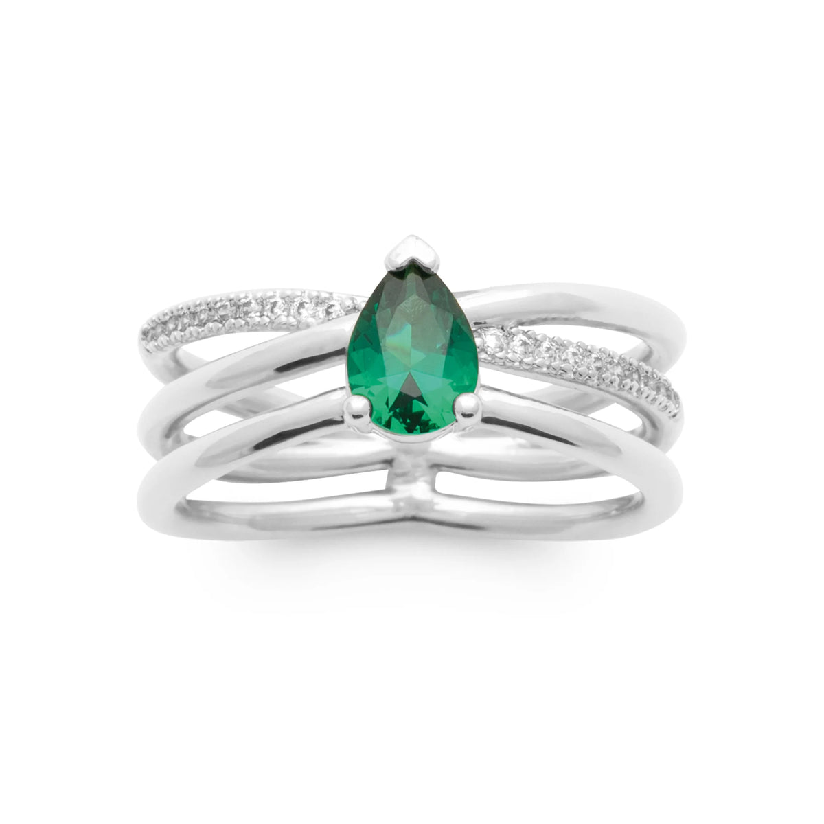 Bague trois anneaux et pierre verte taille poire en argent 925, vue de dessus