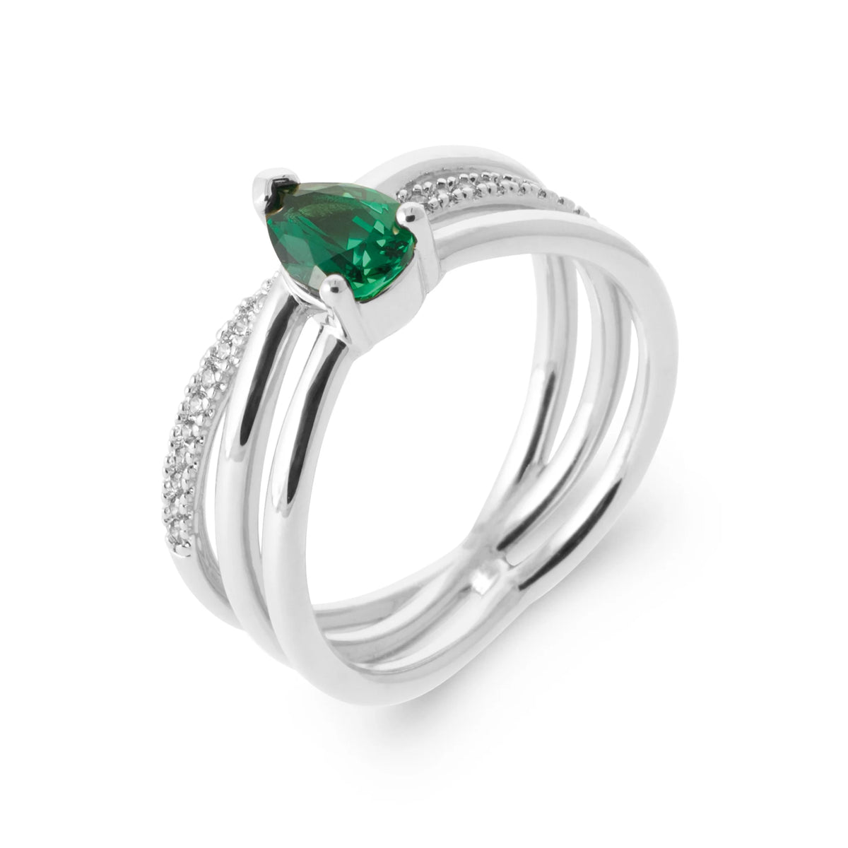 Bague trois anneaux et pierre verte taille poire en argent 925, vue de face