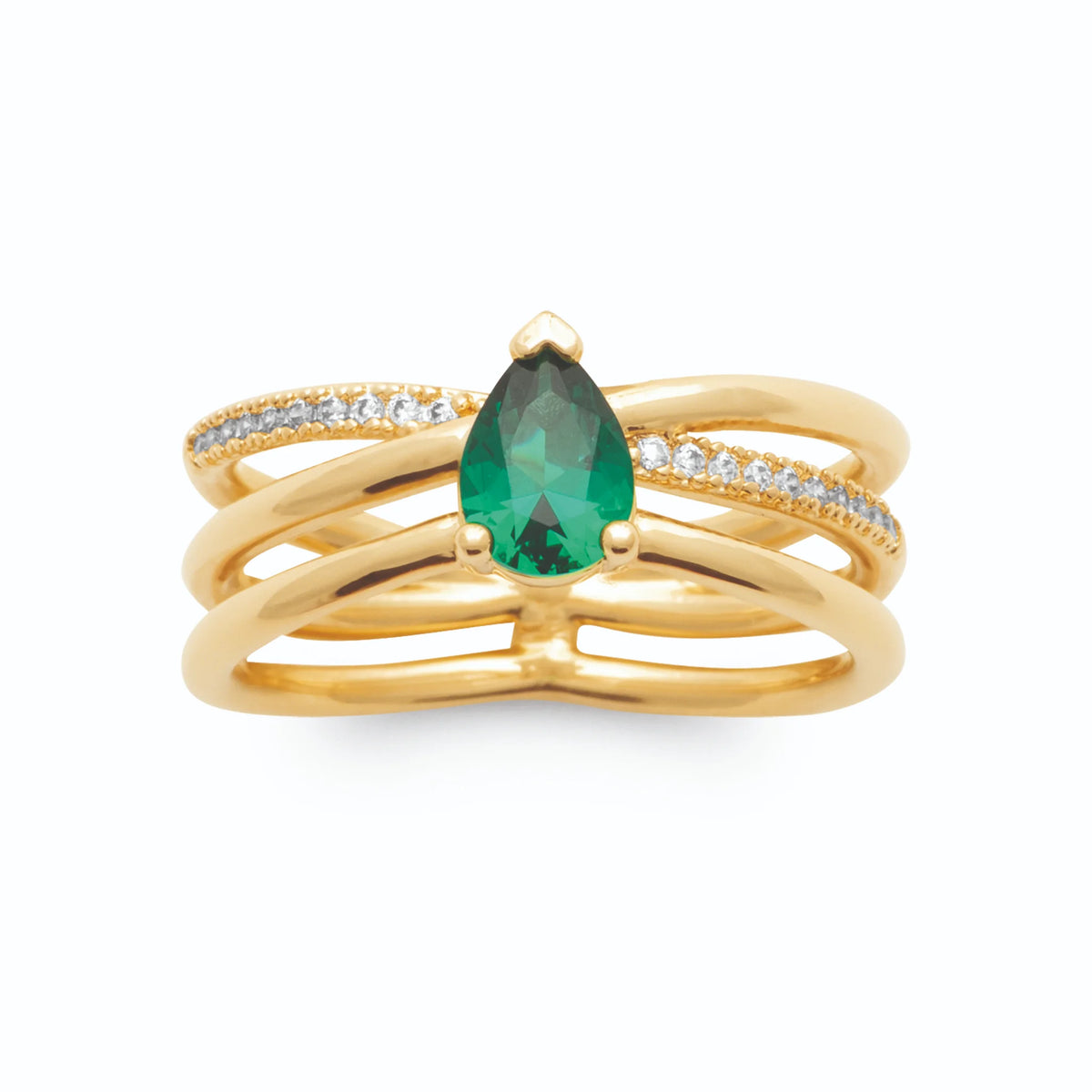 Bague trois anneaux, rang pavé et pierre poire verte plaqué or, vue de face
