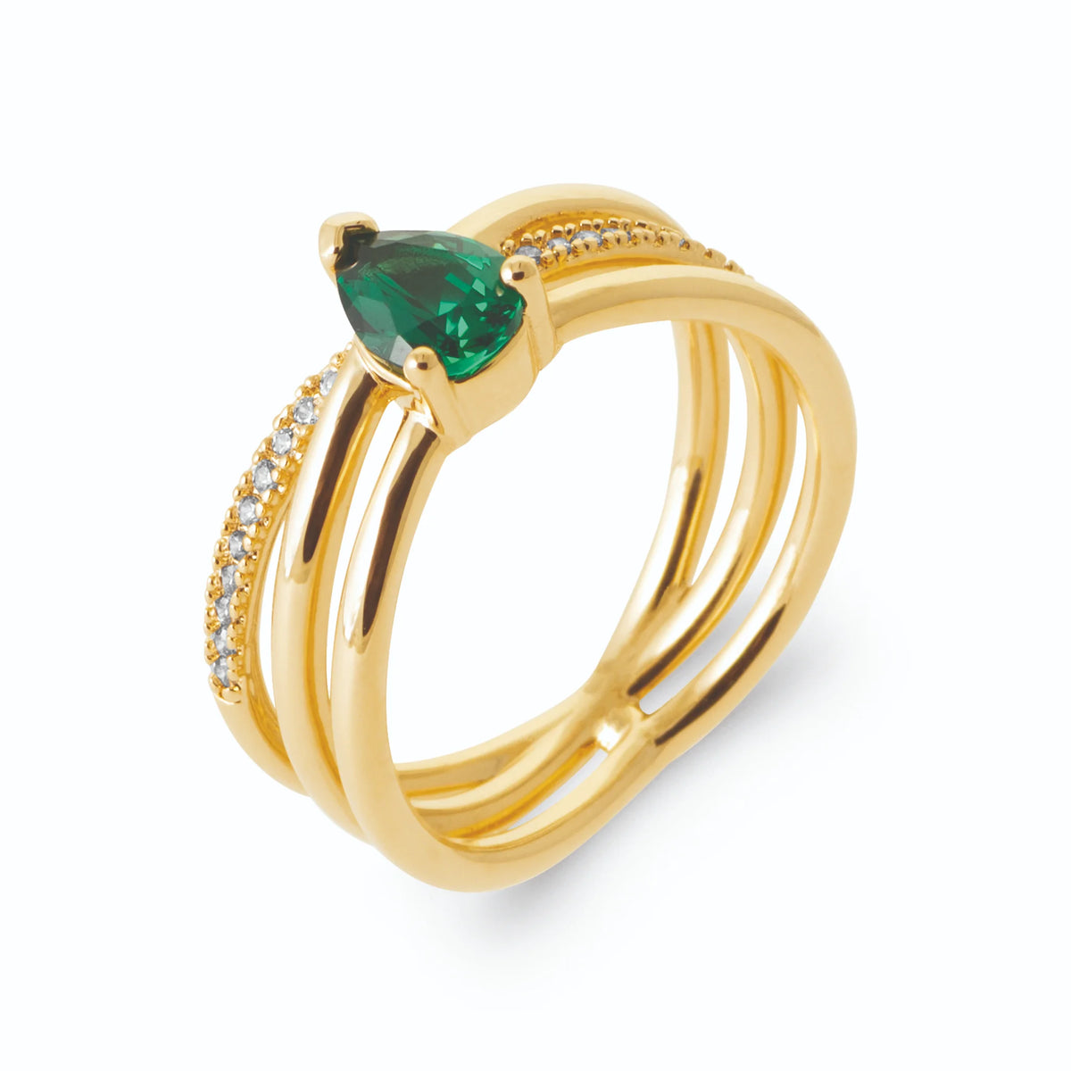 Bague trois anneaux, rang pavé et pierre poire verte en plaqué or, vue de trois quarts