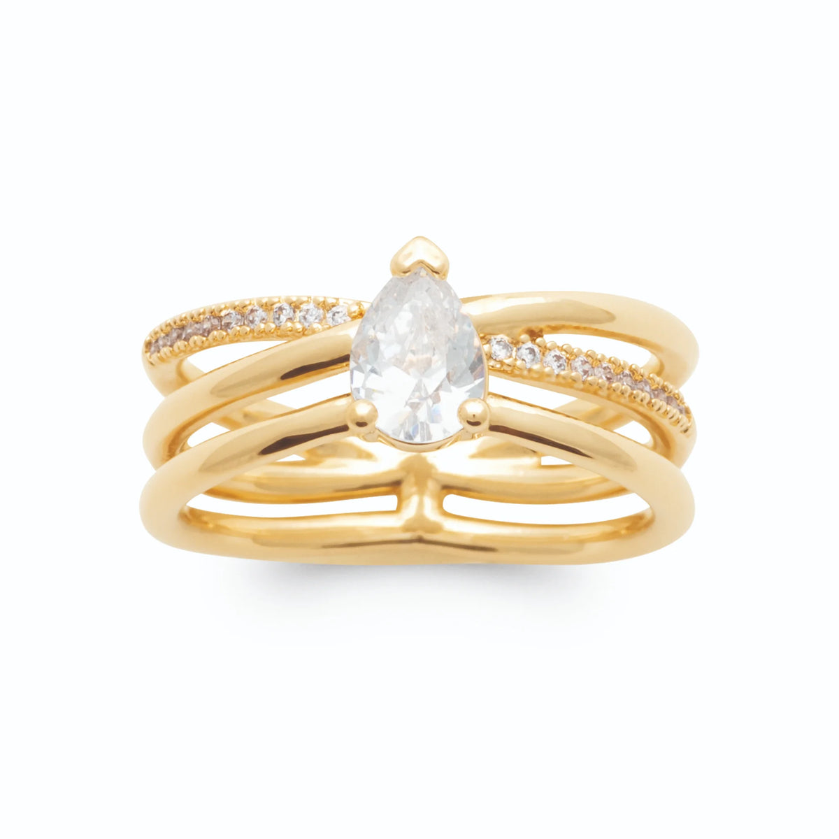 Bague trois anneaux, rang pavé et zircon poire en plaqué or