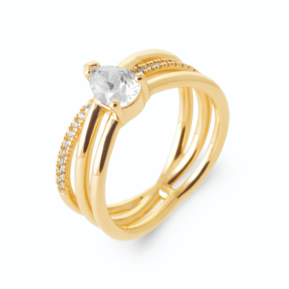 Bague trois anneaux, rang pavé et zircon poire en plaqué or