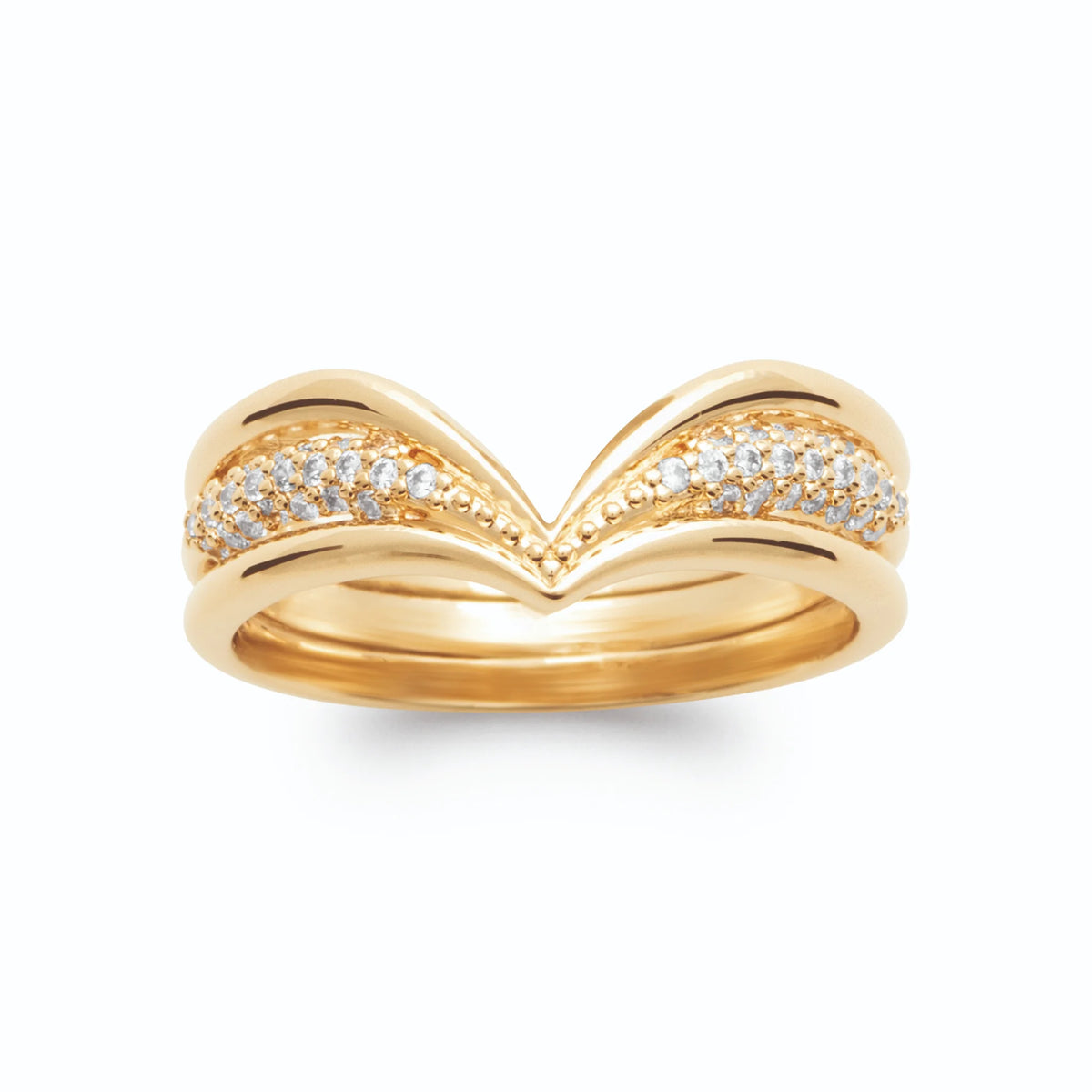 Bague trois anneaux superposés en V rang pavé de zircons plaqué or, vue de face