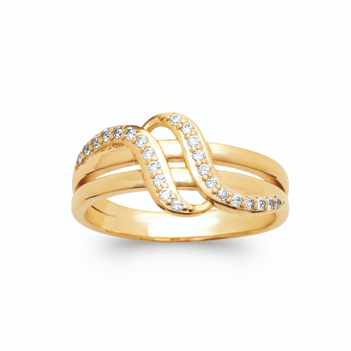 Bague trois brins entrelacés sertis de zircons plaqué or, vue de face