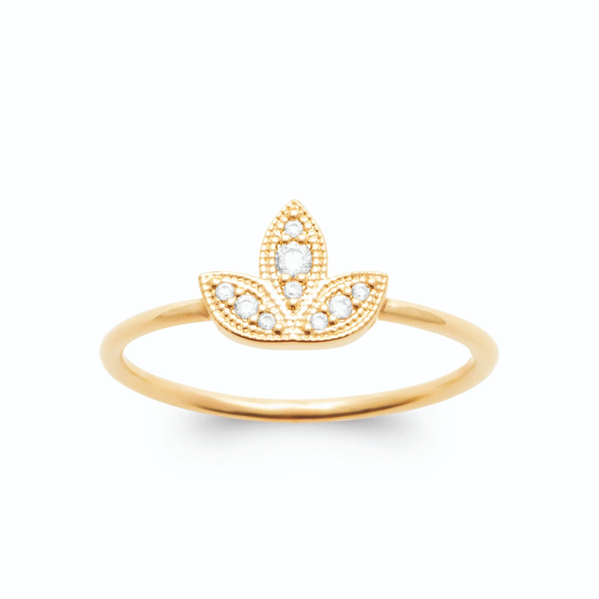 Bague trois feuilles en éventail pavées de zircons plaqué or, vue de face