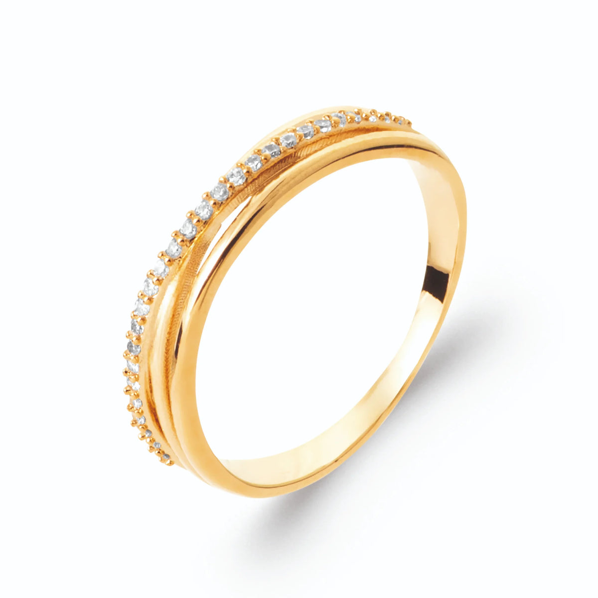 Bague trois fils croisés dont un pavé de zircons en plaqué or, vue de trois quarts