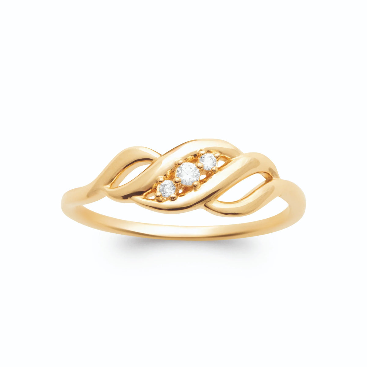 Bague trois fils entrelacés en vague tressée et zircons plaqué or, vue de face
