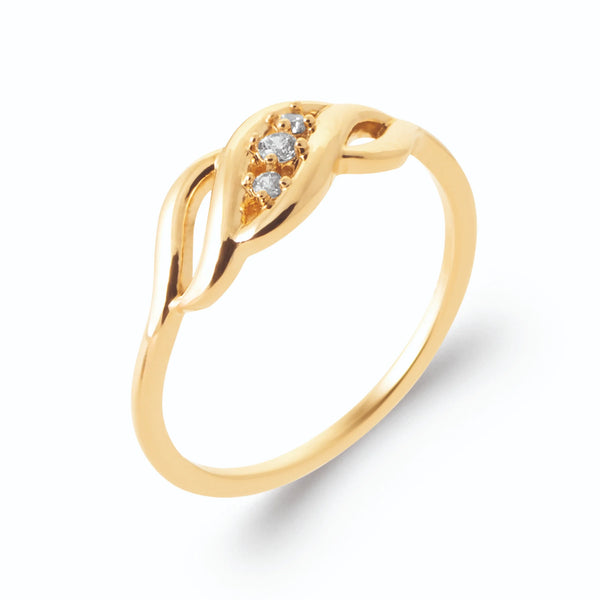 Bague trois fils entrelacés en vague tressée et zircons en plaqué or, vue de trois quarts