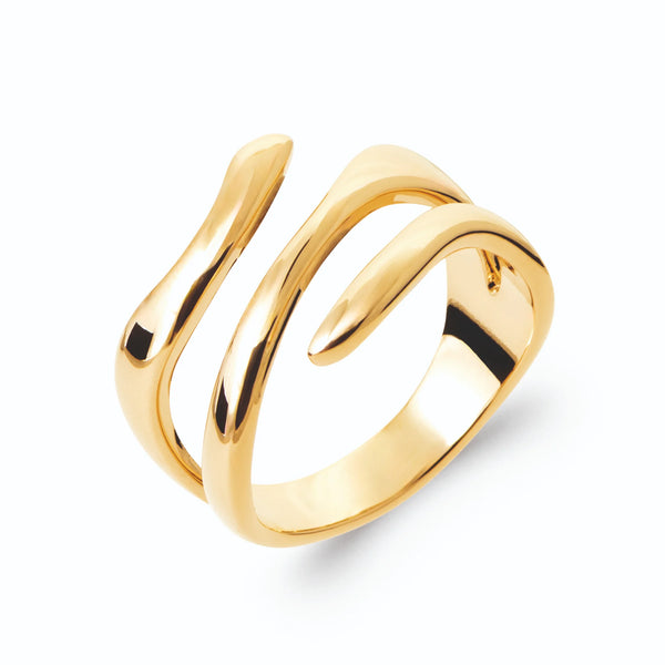Bague trois fils d’or en vagues croisées sans pierre en plaqué or, vue de trois quarts