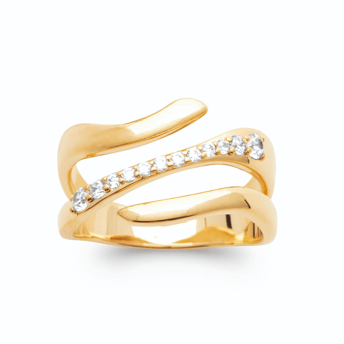 Bague trois fils d’or en vagues et ligne de zircons plaqué or, vue de face