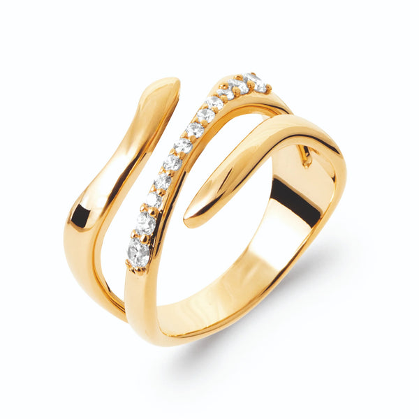 Bague trois fils d’or en vagues et ligne de zircons en plaqué or, vue de trois quarts
